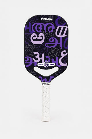 Pickleball paddle with a black and purple design on a white background