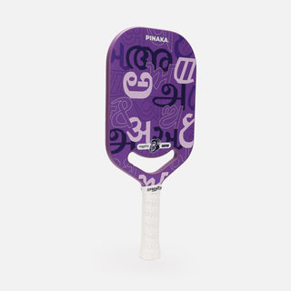 Purple pickleball paddle with white text on a light gray background