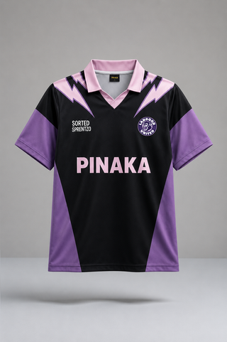 Black and purple sports jersey with 'Pinaka' branding on a light gray background