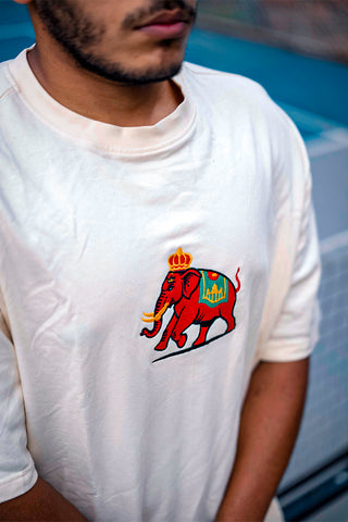 A man wearing a beige shirt with an elephant print on the front standing on a pickleball court