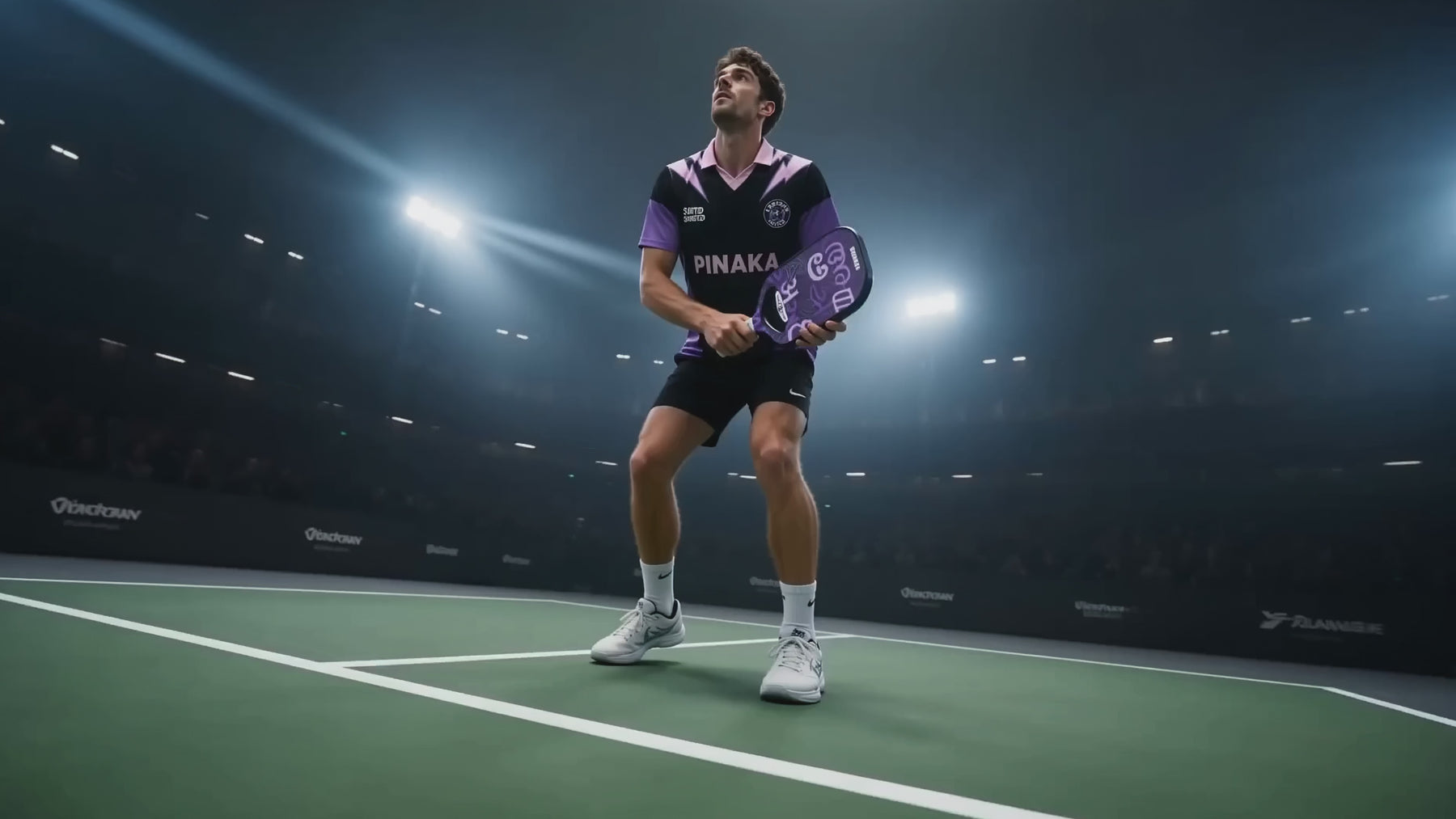 Professional pickleball player in a black and purple jersey holding a Sprentzo Pinaka pickleball paddle on an indoor court under stadium lights, preparing to return a shot during a competitive match.
